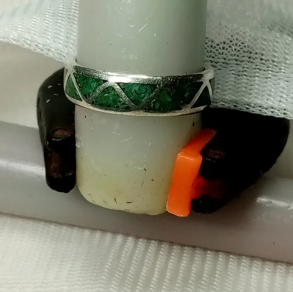 Malachite Gemstone Inlay Sterling Silver Unisex Band Sz 11 - Picture 4 of 9